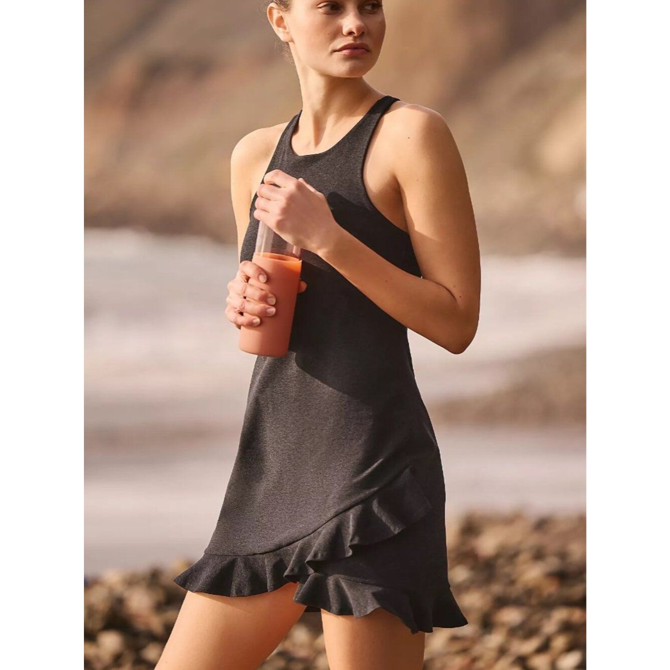 Beyond Yoga Size S Spacedye Ruffled Up High Neck Racerback Dress Black